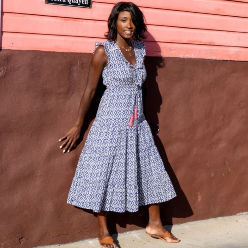 Mer St. Barth Giselle Navy Ikat Dress - M